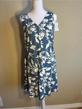 Garnet Hill Slate Blue Floral V-Neck Dress